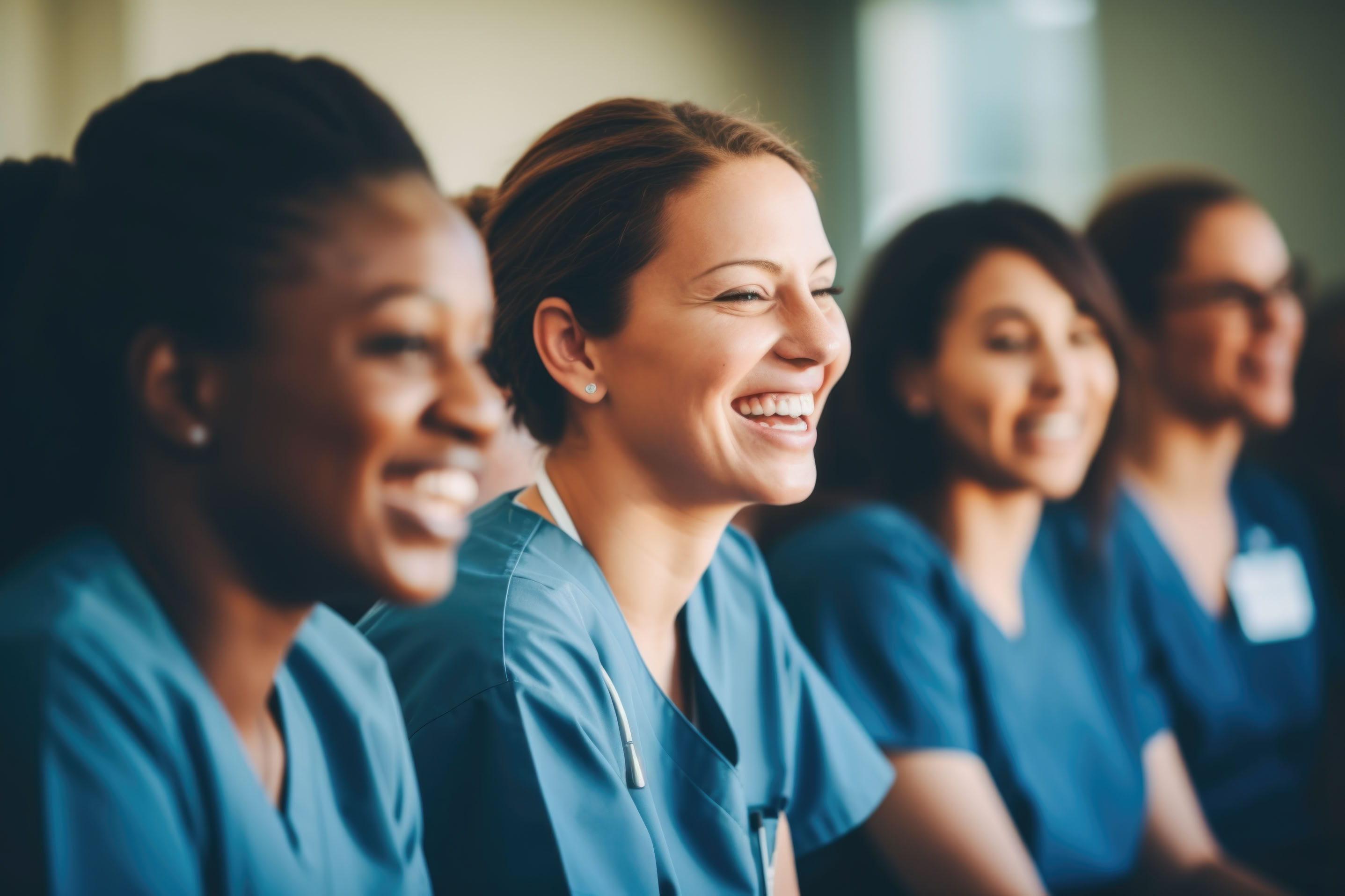 A group of caregivers wearing blue scrubs, sitting in a row, smiling and looking to the side.
